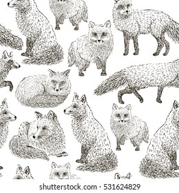 Fox seamless pattern sketch. Hand drawn vector illustration.