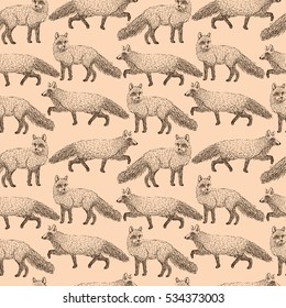 Fox seamless pattern sketch. Hand drawn vector illustration.