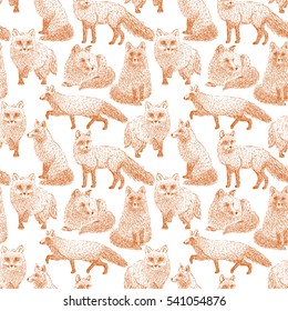 Fox seamless pattern sketch. Hand drawn vector illustration.