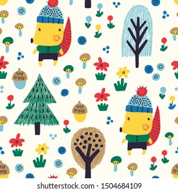 Fox seamless pattern with tree, acorn, flower, mushroom, blueberry. Kids scandinavian wood background. Vector illustration.