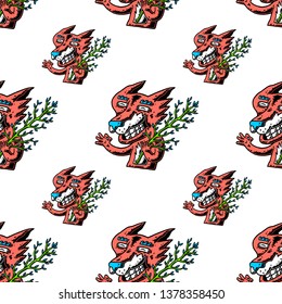 Fox Seamless Pattern. Fox and Tree Branch Seamless Pattern. Zero Waste and Happy Wild Life. Fox Living Coral seamless pattern on white background isolated. Stock Vector Illustration. Cartoon style.