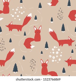 Fox seamless pattern. Vector background with winter forest and red animal in scandinavian style. Ideal for baby textiles, wallpaper, wrapping paper