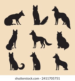 Fox set black silhouette Clip art vector