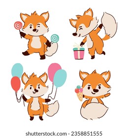 Fox . Set of cute cartoon characters . Hand drawn style . White isolated background . Vector .