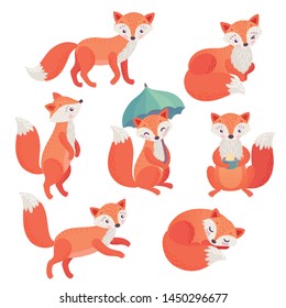 Fox set hand drawn style. Cute Woodland characters playing, sleeping, relaxing and having fun.  Vector illustration.