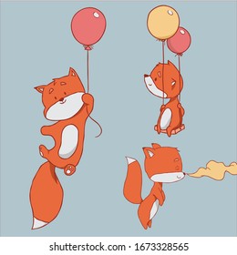 Ilustración del conjunto de zorros. volar con globo y volar buen olor lindo mano dibujado