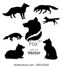 Fox set of silhouettes, vector.