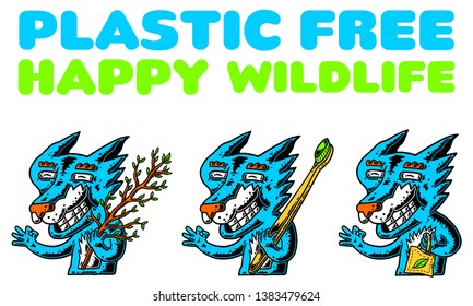 Fox. Fox Set. Fox and Tree Branch, Eco Bag, Bamboo Toothbrush. Zero Waste. Happy Wild Life. Stop Using Plastic. Cartoon Fox on white background isolated. Stock Vector Illustration. Cartoon style.