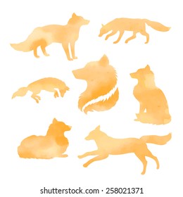 Fox set of watercolor vector orange silhouettes