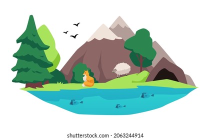 Fox and sheep forest animals in native habitat, flat vector illustration isolated on white background. Food chain, carnivore and herbivore animals biological concept.