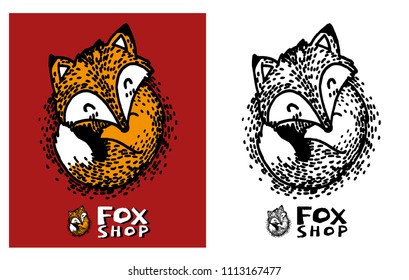 A fox shop logo on red background. Vector illustration. t shirt. Black and white