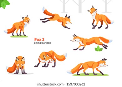 Fox showing various emotions and actions. Cute cartoon characters of forest animals. Flat vector design for mobile app, sticker, kids print, greeting card