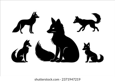 Fox Silhouette Clipart Set. Vector Illustration Isolated on white Background.