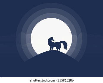 Fox silhouette on the hill in front of the full moon in vector.