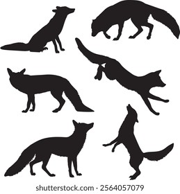 Fox silhouette set isolated vector illustrations on white background