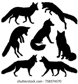 Fox Silhouette. Set. Vector Illustration Isolated On White Background