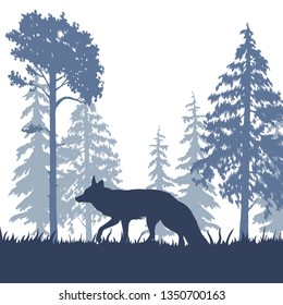 Fox silhouette with trees on background. Wildlife vector illustration. Forest animal.