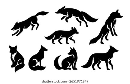 Fox Silhouette Vector Set in Black
 A collection of fox silhouette vectors in different poses. Ideal for wildlife graphics, logos, and nature-themed designs.