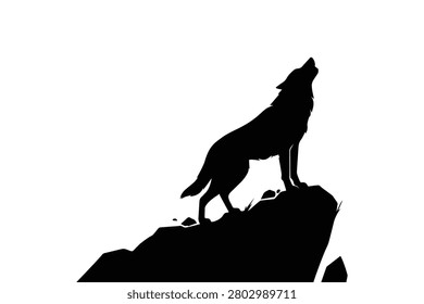 Fox silhouette vector standing on a rocky cliff in a howling pose for wildlife and nature design