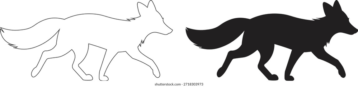Vector Fox Silhouette. Ilustración de contorno de zorro caminando Diseño gráfico de animales salvajes