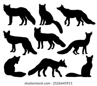 Fox silhouettes set, pack of vector silhouette design, isolated white background