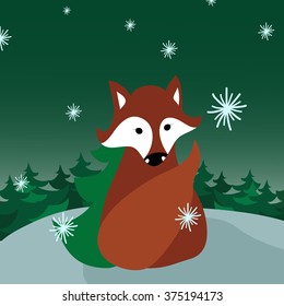 fox sits alone in the evening in the bitter winter forest, snow falls