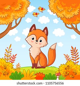 The fox sits in a clearing in the forest. Cute animal. Vector illustration with a predator in a children's style.