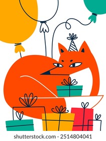 Fox sits curled up among gifts and balloons. Vector doodle illustration postcard for the holiday