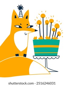 Fox sits in front of a cake with candles. Birthday. Vector illustration