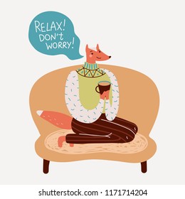 Fox sits on the couch and drinks tea. Relax! Do not worry! Vector clipart. Isolated.