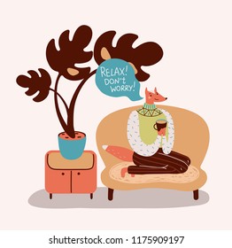 Fox sits on the couch and drinks tea. Relax! Do not worry! Vector clipart. Isolated.