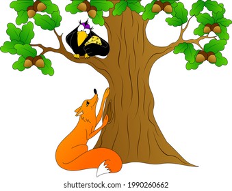 a fox sits under a tree on which a crow sits with a piece of cheese