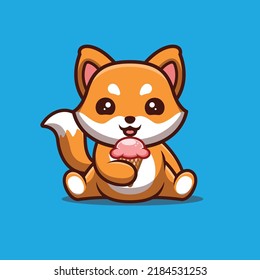 Fox Sitting Eating Ice Cream Cute Creative Kawaii Cartoon Mascot Logo