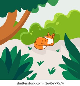 Fox sentada en el bosque, personaje bonito para los niños. Ilustración vectorial en estilo de caricatura para impresiones, ropa y postales. 