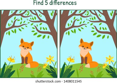 Fox sitting in forest, vector illustration. Find five differences. Educational game for kids.