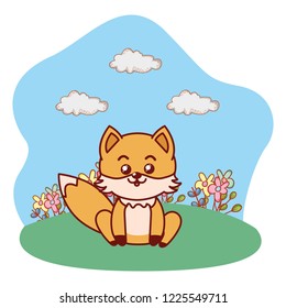fox sitting in grassy lanscape cartoon