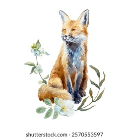 Fox sitting with green twigs, leaves and flowers, watercolor. Hand drawn vector illustration. For cards, invitations, covers, labels, posters, banners