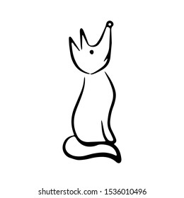 The fox is sitting and looking up. Hand-drawn black and white icon. Illustration in doodle style. Can be used for print on clothes, logo or emblem
