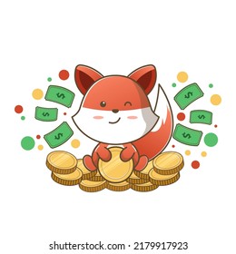 	
fox sitting on coin with dollar bill flying