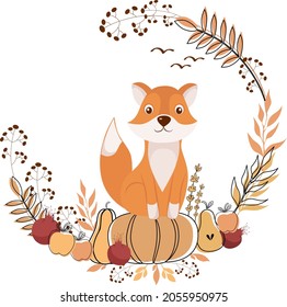 The fox is sitting on a pumpkin. Vector illustration of autumn, fox sitting on a pumpkin surrounded by autumn leaves, fruits and pumpkins