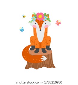 Fox sitting on the stump. Cute fox vector illustration. Boho style animal clipart isolated on white background