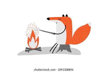 Fox Sitting On Stump Roasts Marshmellow On Stick Over Bonfire. Cartoon Smiling Character In Camping. Vector Hand Drawn Illustration Isolated On White Background. Camping Icon For Web Banner, Poster.