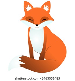 A fox in a sitting position with a fluffy tail in front of it. Pointed ears with white fluff and smiling eyes. Cartoon style of drawing animal mammal. Vector illustration The fox is smiling with a