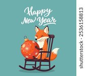 The fox is sitting in a rocking chair and holding a large Christmas tree toy. New Year vector illustration in cartoon style