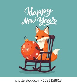 The fox is sitting in a rocking chair and holding a large Christmas tree toy. New Year vector illustration in cartoon style