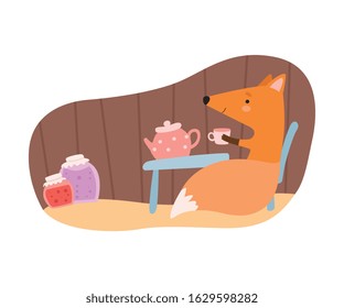 Fox Sitting at the Table and Drinking Tea in Its Tree Hollow Vector Illustration