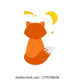 Fox sitting and watching moon and stars. Cute kids animal illustration. Fox clipart vector character
