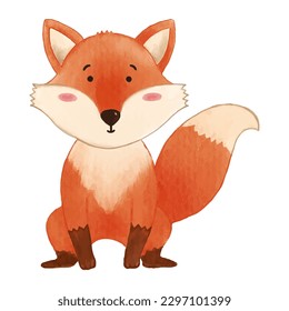 Fox is sitting . Watercolor paint design . Cute animal cartoon character . Vector .