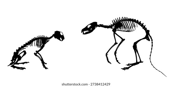 Fox skeleton predator silhouette against hare prey rabbit skeleton vector silhouette illustration isolated on white. Fossil symbol in museum of science and biology. Vulpes sign, shape Dog.