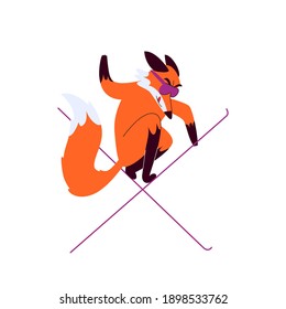 Fox skier in purple goggles. A cartoon fox shows a trick on skis crossing them. Vector stock illustration of animal free-rider isolated on white background.